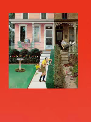 The cover image is a split view showing an illustration of two houses in a neighborhood. On the left, a light pink house with white trim has a man in a yellow shirt and green shorts trimming the hedges. On the right, a neighboring beige house has a man reading a newspaper on the porch. A vibrant red border frames the image, setting off the illustration’s bright colors.