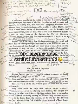 The cover image shows an open book filled with handwritten notes and annotations. Bold text overlays state 10 reasons to be excited for school, along with a smiley face emoji. The background is a cream-colored paper with the text and notes in black, blue, and red ink.