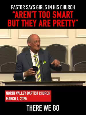 The image shows a middle-aged man, presumably a pastor, speaking in front of a blurred background of church pews. Text overlays highlight the headline and location, presented in a vertical video format.