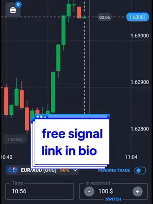 The cover image shows a real-time financial trading interface with a candlestick chart illustrating market fluctuations. Overlayed is a text box offering a 'free signal link in bio' to entice viewers to engage while showing the current time, investment amount, and trading pair.