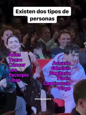 The cover image is a still from an awards show or similar event. Two individuals are prominently featured in the foreground. A woman on the left is wearing a black dress while looking over her shoulder, and on the right sits a man in a pale pink hoodie looking towards left. The background is blurred, filled with other people in formal attire, likely an audience. Text overlays identify zodiac signs beside each person, hinting at the video's content. The color of text overlays are matching the colors of the cloths of the people, with some purple and pink tones.
