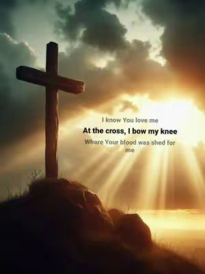 A digitally created image of a wooden cross silhouetted against a dramatic sunset sky filled with dark, billowing clouds and radiant sun rays. The cross stands on top of a rocky hill or outcrop. Text is added to the image in a contrasting white font and the overall composition creates a powerful, symbolic, and reverent aesthetic.