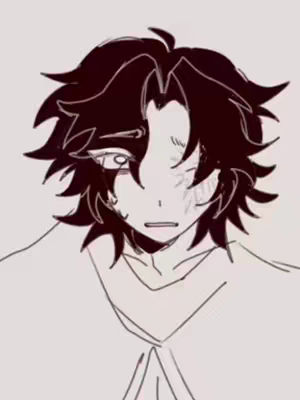 A digital illustration of a person with dark, messy hair, a somewhat disheveled appearance, and a sad expression. The person's face is centered, showing their eye with a tear and a scar. The background is plain, emphasizing the figure's isolated state.