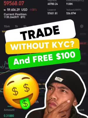 The cover image features a man in a black beanie, looking pensive with a money-eyed emoji next to him, and text overlays about crypto trading without KYC. Behind the man, there's a screenshot of a trading interface with charts and numbers. Overall, it's a promotional image with a call to action.