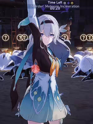 A digital artwork featuring an anime-style character in a futuristic setting. The character, likely a female, has silver hair and a detailed outfit with a blue and white color scheme. She is posed dynamically with one arm raised, and the background includes glowing elements and question marks. The overall composition is clean, modern, and visually striking.