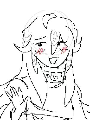 An illustration of a character, drawn in a sketchy style with black outlines, seemingly smiling. The character has long hair with curved ends, a face with pink blush on the cheeks and a square outfit and a hand waving. The background is white.