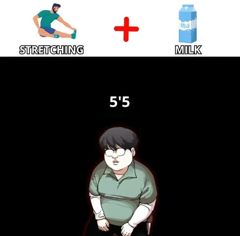 An illustration with a black background. The top area features images followed by text: a cartoon of a person stretching with the text 'STRETCHING', a red plus sign, and a carton of milk with the text 'MILK'. In the lower section, the text '5'5' is centered with a cartoon character illustration.