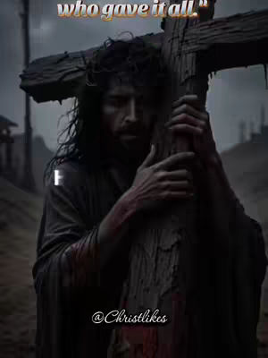 The image depicts a man with long hair, wearing a crown of thorns and draped in dark clothing, carrying a large wooden cross. Bloodstains are visible on his hands and clothing. The background is a blurred, muted landscape with a somber overcast sky, and the overall composition is dark and dramatic.