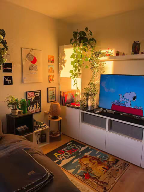 The image is of a cozy bedroom, bathed in warm, inviting light. The room features a bed with a dark, folded blanket, a colorful rug with an 'Astro World' theme, a TV displaying a cartoon, and various decorative items like plants and framed pictures. The composition suggests a relaxed and stylish living space.