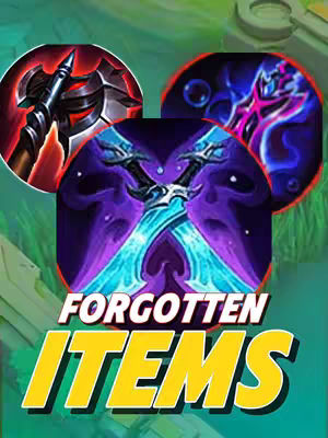 The cover image displays three circular item icons from the game Mobile Legends: Bang Bang (MLBB), overlaid on a green and yellowish background. The central item is a pair of crossed dual-blade swords, set against a dark purple background. Above and to the sides are two additional item icons within circular frames: a black and red object and a pink and blue object. Below the items, the text 'FORGOTTEN ITEMS' is prominently displayed in white and yellow, framed with black.