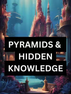 The image presents an artistic, almost fantastical illustration. A dark, rectangular banner reading 'PYRAMIDS & HIDDEN KNOWLEDGE' dominates the central space. The background suggests an underwater cityscape, with towers and coral-like structures. The color palette is dominated by blues, reds, and purples, creating a mysterious and intriguing atmosphere.