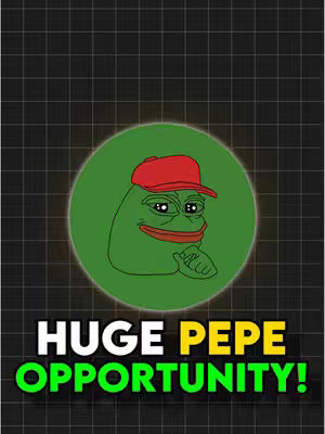 The cover image features a green circle with the Pepe the Frog meme character wearing a red cap and a thinking pose. Below the circle, bold text reads 'HUGE PEPE OPPORTUNITY!' set against a dark background with a faint grid pattern.