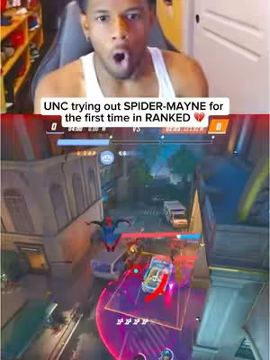 The cover image is split into two sections: the top half shows a Black man with an open mouth and surprised expression, wearing a white tank top in a home setting. The bottom half displays gameplay footage with a cityscape background and a Spider-Man character, with game interface elements and HUD displayed.