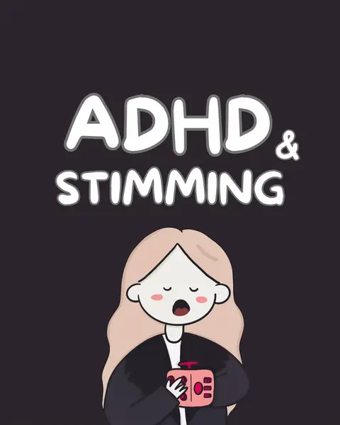 A cartoon illustration on a dark gray background features a person with long blonde hair, eyes closed, and an open mouth. Above the figure are the words "ADHD & STIMMING" in a large, white, rounded font. The person is wearing a black blazer and holding a pink rectangular object, details of which are obscured, suggesting a stimming object. The overall composition has a straightforward layout, focusing on the person and the text.