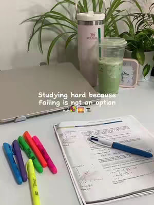 The cover image shows a well-lit desk setup with study materials. On the left, a closed laptop is visible alongside a collection of colorful highlighters. In the center, there's a glass of green drink, a tumbler cup, and some green plants. The right side includes an open notebook with writing and a pen, as well as a small clock. The hook text is overlaid on the upper part of the image, and shows a call for hard study.