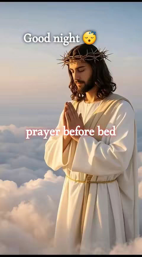 An image featuring Jesus Christ, depicted with a crown of thorns on his head, dressed in a white robe, and with his hands clasped in prayer. The background shows a cloudy sky with a warm, golden light.