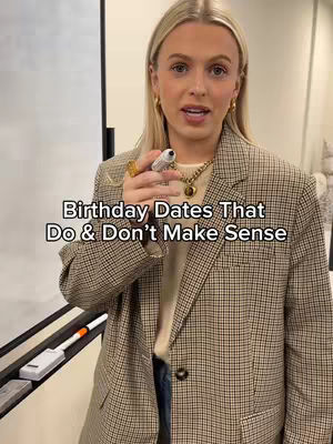 A woman with blonde hair, wearing a blazer, holds a marker in front of a whiteboard. Text overlayed reads, 'Birthday Dates That Do & Don't Make Sense'. The background has a modern office vibe.