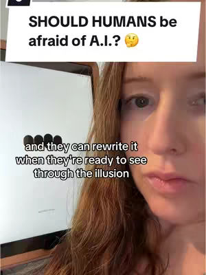 The image presents a close-up perspective of a woman's face, with text overlays at the top and bottom of the image. The woman has light-colored skin, long, wavy auburn hair, and is looking off-camera. The lighting appears natural. Above her head, a white rectangular overlay contains the question "SHOULD HUMANS be afraid of A.I.?" in a bold, sans-serif font. Below, text is overlaid.