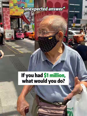 An elderly man wearing glasses and a face mask is the focus. He is outdoors, standing on a sidewalk with buildings and people in the background. Text overlays ask, 'If you had $1 million, what would you do?' and 'unexpected answer'.