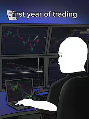 An image depicting a person at a desk with multiple computer screens displaying stock charts and graphs. The person, shown from behind, is rendered in a simplistic, almost cartoonish style with a white outline. The overhead text says 'first year of trading'.