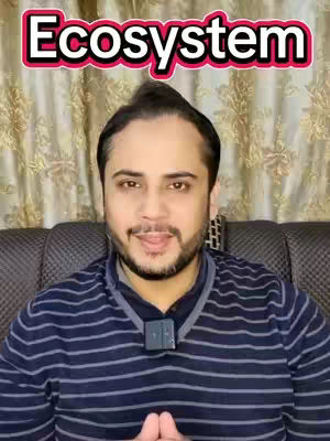 A man with a trimmed beard and striped shirt is the central figure, positioned against a backdrop of patterned curtains. The text "Ecosystem" is prominently displayed overhead, rendered in a bold, white font with a pink outline. The overall composition places the man in the foreground, drawing the viewer's attention to the message.