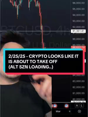 A person is in the foreground, partially visible, with a black shirt. Behind them is a stock chart with numbers and lines in red and green against a dark grey background. A colored rectangle with white text stands out at the bottom of the face. The image is framed vertically.
