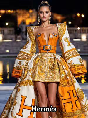 A glamorous supermodel wearing a detailed, high-fashion Hermès dress stands confidently. The dress is predominantly white with an intricate gold pattern, contrasted by bold orange accents. The model's updo and dangling earrings add elegance against a blurred background with hints of lights at what seems to be a runway.