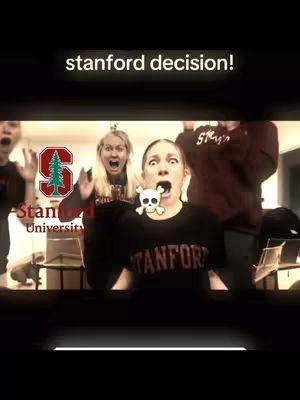 The cover image shows a group of people with their mouths wide open, reacting with surprise and excitement, against a dark background. The text overlay reads stanford decision!
