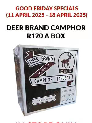 An image of a white box of Deer Brand Camphor tablets. The box is white with a black band and text. The box has the brand name DEER BRAND in a banner and a drawing of a deer in a circle. The text 'R120 A BOX' is in the middle of the image.