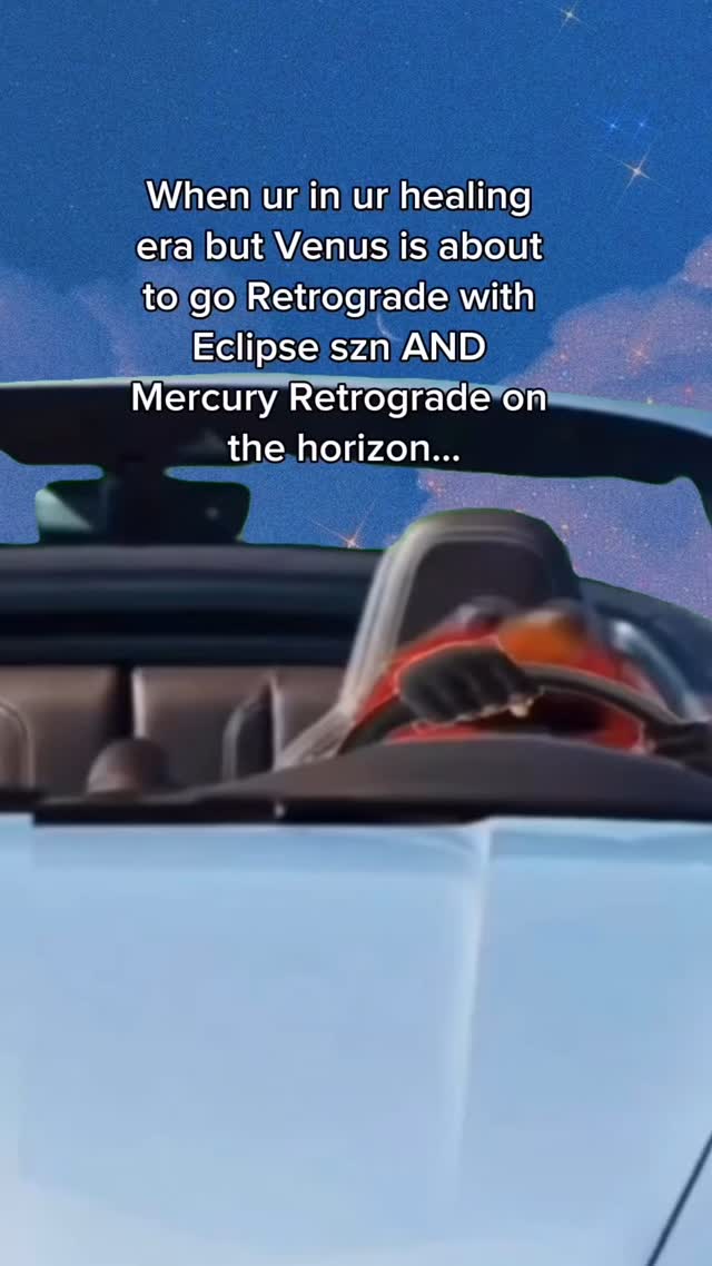 The image shows a person driving a sporty red vehicle with a blue and purple sky background and text overlay. The text is in white. The car seems to be convertible.