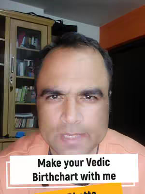 The cover image shows a man in an orange shirt looking directly at the camera. Below his face, a white rectangle contains the text: "Make your Vedic Birthchart with me". The background features a wooden cabinet filled with books on the left and an orange wall on the right.