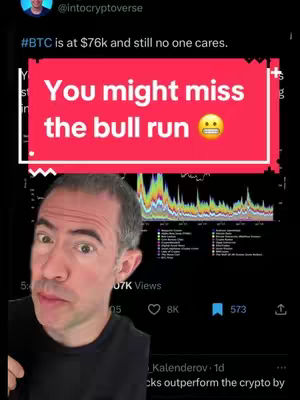 The cover image showcases a man looking at the camera with wide eyes, overlayed with a red rectangle containing white text. The text states "You might miss the bull run" followed by an emoji with a worried expression. Behind the man is a screenshot of the social-media. The upper left corner features a profile picture and username.