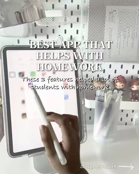 An iPad is held in the foreground, displaying an app interface. The background includes a white pegboard with various stationary and decorative items. Text overlays highlight the app's key features.