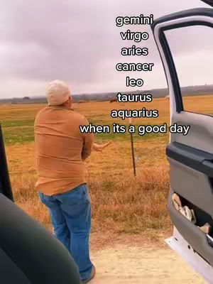 A man stands with his back to the camera in a field with a car door open. Text overlays list zodiac signs next to the man indicating that the video is about zodiac signs.