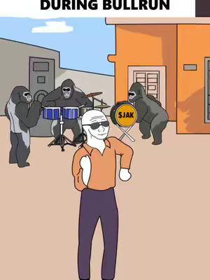 A cartoon image with a Wojak-style character dancing in the foreground. Behind, there are four gorillas playing musical instruments (drums, and a drum with "SJAK" written on it), suggesting a band, within an outdoor setting which evokes "during bullrun."