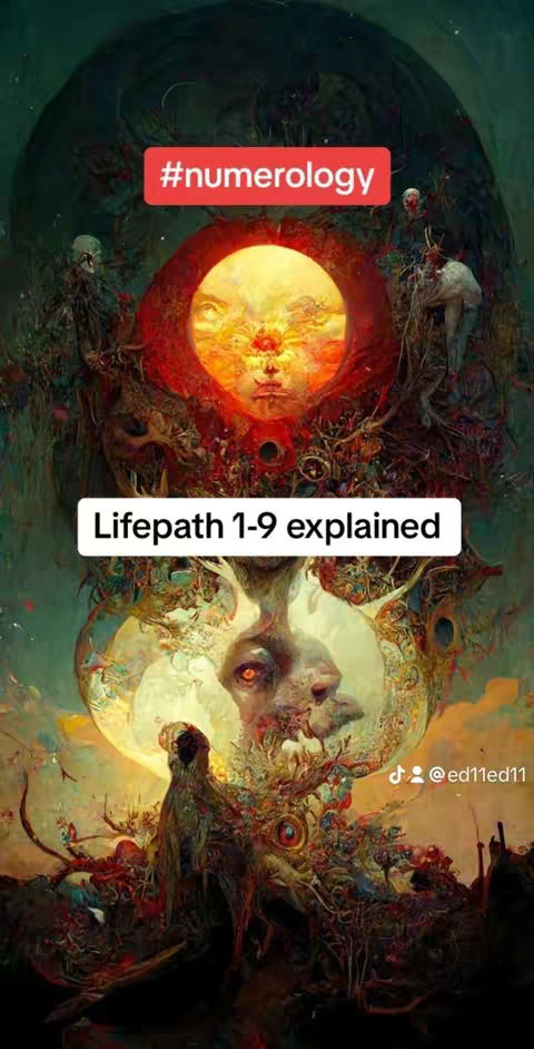 The cover image presents a surreal, AI-generated artwork. The composition is dominated by swirling, organic forms in shades of teal, red, and gold, reminiscent of fantastical landscapes or cosmic nebulae. Two circular elements, each with a central figure, are prominent: one in the top half, radiating a fiery, warm glow, and another in the bottom half, bathed in cooler, ethereal light suggesting a duality or contrast in the imagery. Text overlays are strategically placed to convey information about the video's topic. The overall effect is mystical and visually complex.