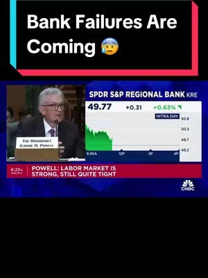 The cover image is a vertical layout with a black background. In the top section, there is a text overlay consisting of white text that reads "Bank Failures Are Coming" with a crying face emoji next to it. Below this, an image is divided into three sections, the center panel showing a man speaking into a microphone with a nameplate visible on his desk. Next to him is a graph overlay with green and the title "SPDR S&P REGIONAL BANK KRE." At the bottom, there is a quote about the labor market.