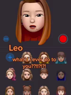 The image features a Memoji face with auburn hair and a red top set against a dark background. The text overlay includes the word "Leo" in orange and the phrase "what'd i ever do to you??!!!?!?!". Below are several Memoji faces.