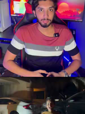 The cover image features a split screen. The top half showcases a young man with dark hair and a beard, centered in front of a gaming chair setup, wearing a striped shirt and looking directly at the camera. The bottom half shows another person and a white car, with a night scene with a person excited.