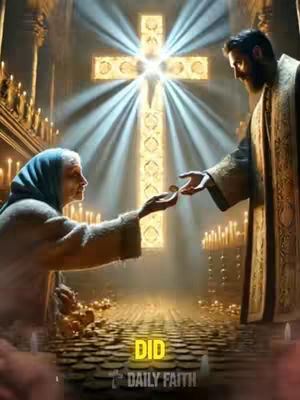 An AI-generated image set in a church interior. A woman in a blue headscarf is offering coins towards a priest. The priest is robed, and behind them a cross radiates light. The ground is covered in coins.