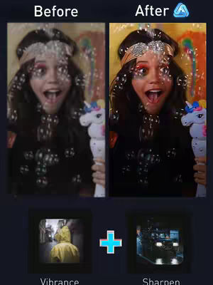 The cover image is a split-screen comparison of a person's face before and after an edit, set against a backdrop. The 'Before' side shows a more muted, possibly underexposed image of the person. The 'After' side displays a vibrant, enhanced version, suggesting color correction. Overlay text indicates 'Before' and 'After' with a visual cue. Below are thumbnails representing editing steps used to achieve the after effect - Vibrance and Sharpen