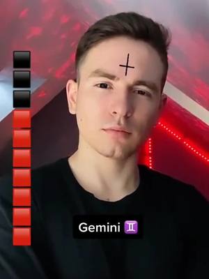 A man with short dark hair and a cross drawn on his forehead is the focus of the image. The background is a gradient of red and pink hues. A series of colored blocks extends down the left side: black, red. On the bottom is a text box with the word 'Gemini' and its zodiac symbol.