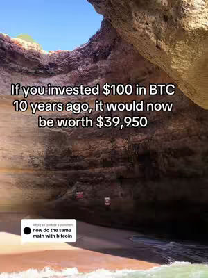 The image captures a scenic beach vista, featuring a sandy foreground and the clear ocean meeting a rocky cliff face. The sky is a vibrant blue, and overlayed text in white explains a Bitcoin investment scenario as a hook.