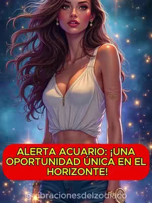 A digital illustration features a woman with wavy brown hair standing against a blurred blue and gold background. She wears a white tank top and denim shorts. A red banner with white text that says, "ALERTA ACUARIO: !UNA OPORTUNIDAD ÚNICA EN EL HORIZONTE!" is displayed.