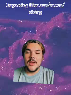 The cover image features a man with closed eyes, positioned against a background of purple and blue swirling clouds. The text "Impacting libra sun/moon/rising" appears above the man's head. The man has short brown hair, a light complexion, and a slight beard.