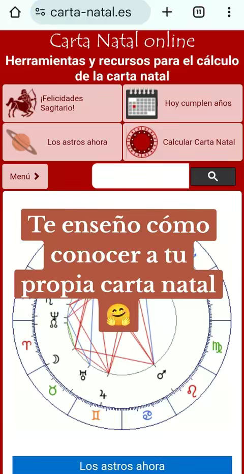 The cover image showcases a webpage with a red banner at the top, displaying the website's name in white, 'Carta Natal online'. Below the banner and on a middle brown layer, we see a text overlay that says, 'Te enseño cómo conocer a tu propia carta natal'. A circular astrological chart is partially visible behind the text overlay, with various symbols and lines representing celestial bodies. The overall layout is clean and uses a web-page interface with a clear text overlay.