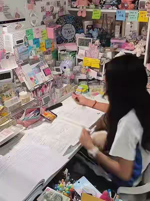 The image shows a woman studying at a desk covered with textbooks, stationery, and decorative items like sticky notes, figurines, and an analog clock. The foreground features open notebooks and pens, while the background is filled with a shelf displaying more items. The color scheme is bright and organized, and the lighting is soft.