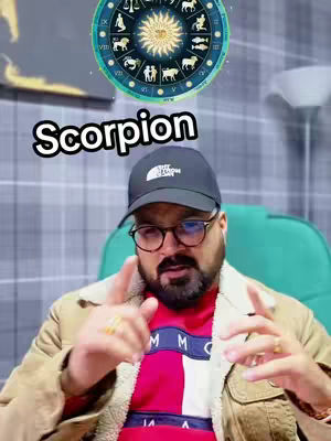 A man with a beard is wearing glasses, and a black cap with the text facing the camera. A blue Astrology wheel is over his head, with text that clearly identifies the sign as Scorpio.