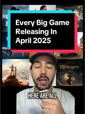 A man with a beard is centered, partially obscured by an overlay. The overlay is black, with white text, and has several game covers on either side. Below, 'HERE ARE ALL' in white text is written in a smaller black box.