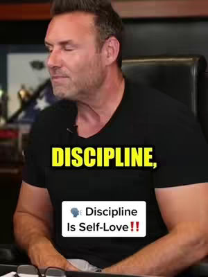 A man in a black shirt is speaking in front of a blurred background. The text overlay features the word 'DISCIPLINE' in a yellow box, and a smaller white box with 'Discipline Is Self-Love!!'.